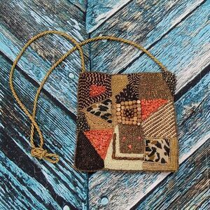 Vintage‎ Brown & Colorful Geometric Beaded Purse Made in India with Crossbody